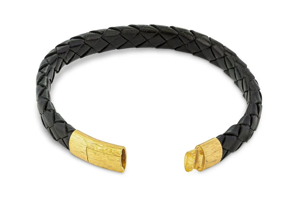 Black Yellow Gold Plated Leather Graffiato Bracelet - Image 2