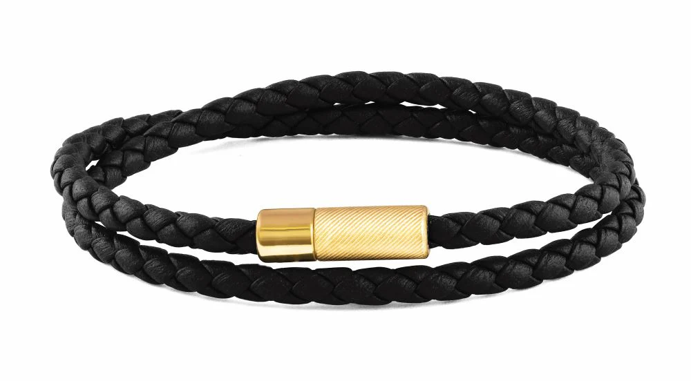 TATEOSSIAN Black Yellow Gold Plated Pop Rigato Double Wrap Leather Bracelet BR3214 L