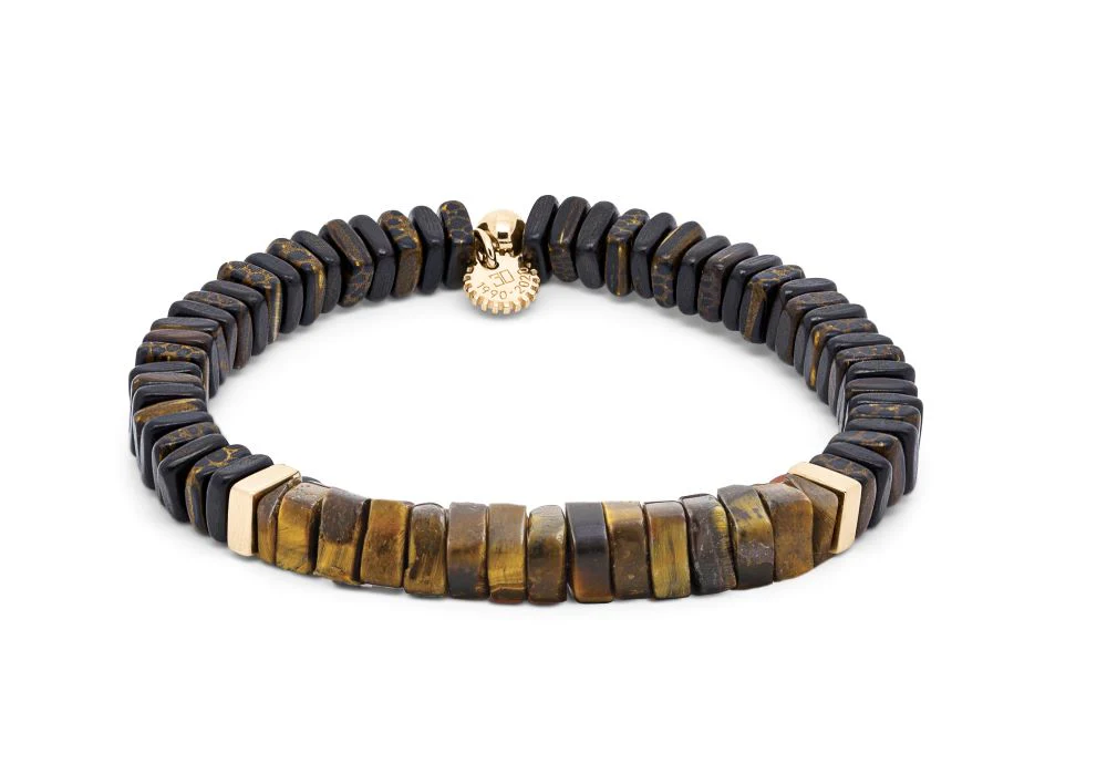 Legno bracelet in tiger eye, palm and ebony wood with rose gold plated sterling silver