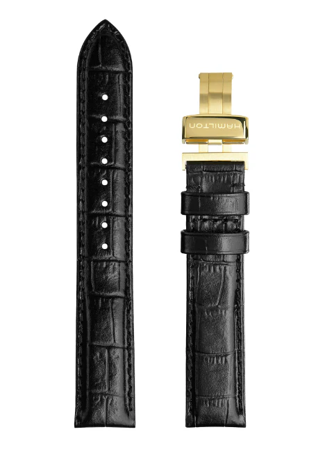VENTURA Black Strap folding Gold tone Clasp Ref H690.243.101